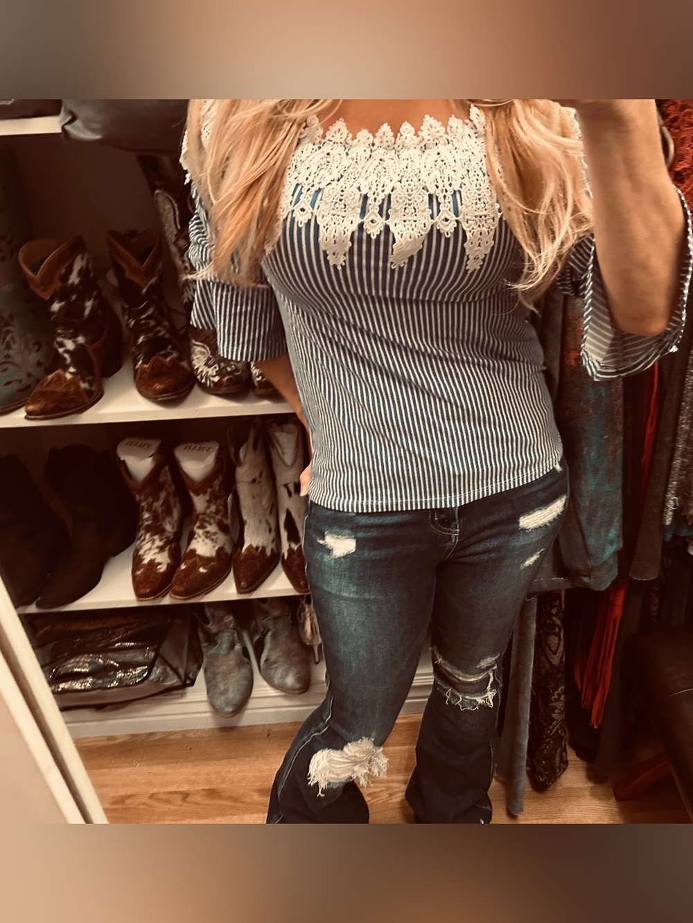 Blue Striped Off-Shoulder Tunic with Ivory Lace Trim - Picture 2 of 3
